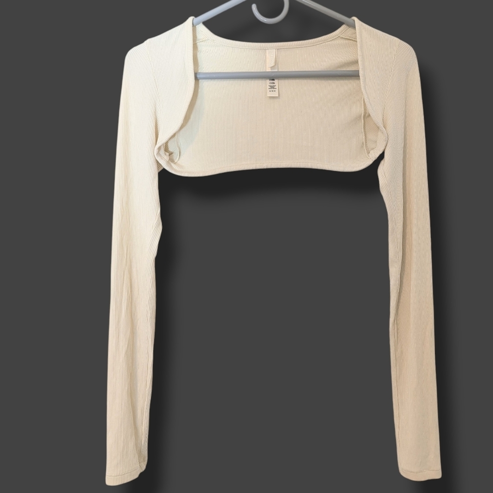 Skims Cream Modal Ribbed Long Sleeve Open Front Soft Lounge Shrug Cover-Up M